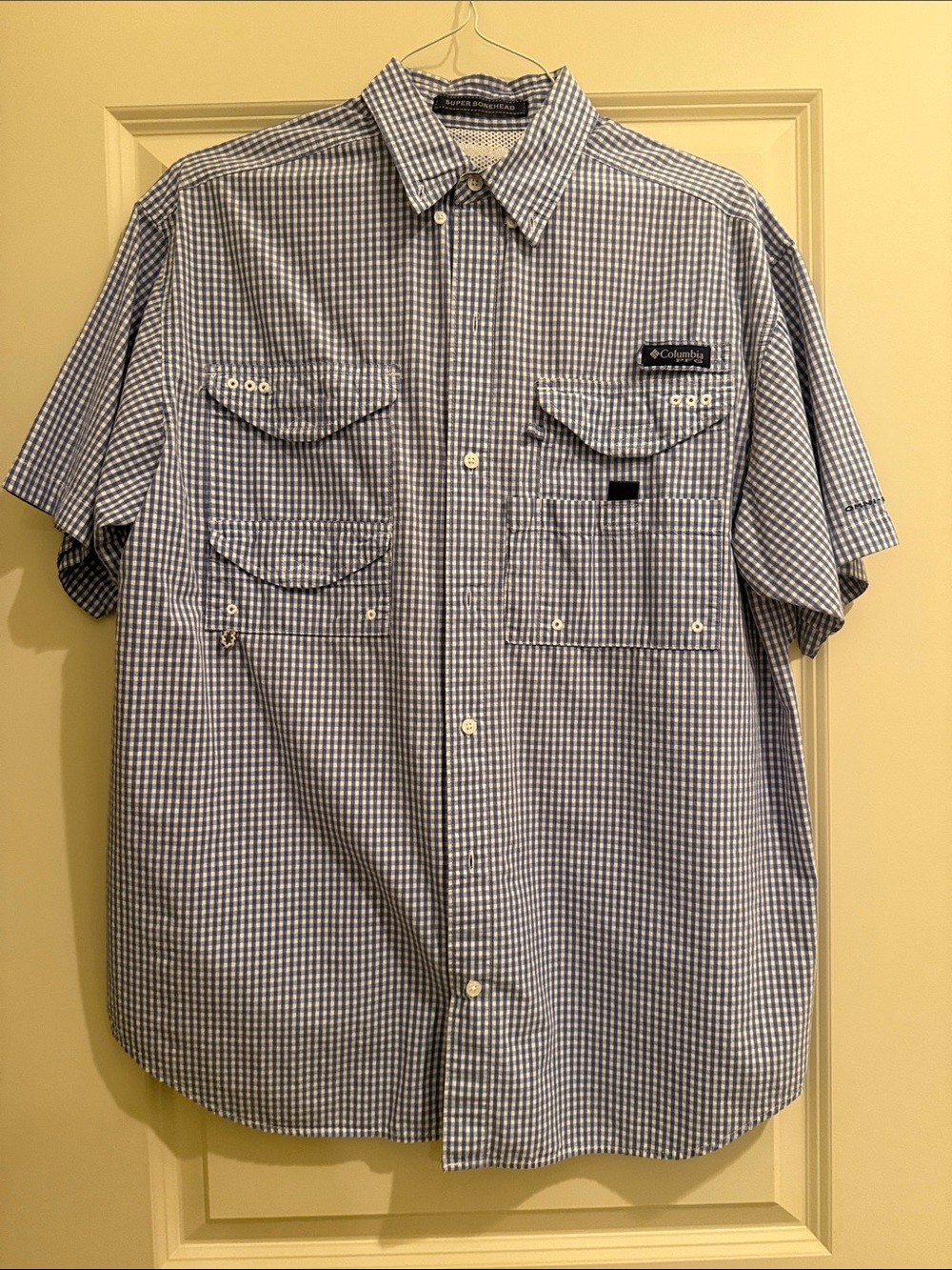 Columbia Men’s Blue and White Gingham Short-Sleeve Button-Down Shirt